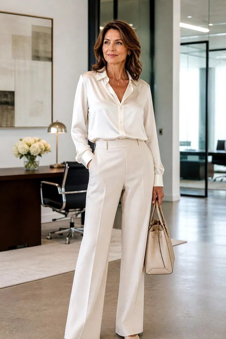 Work outfit for women over 40: white satin blouse with white wide-leg trousers