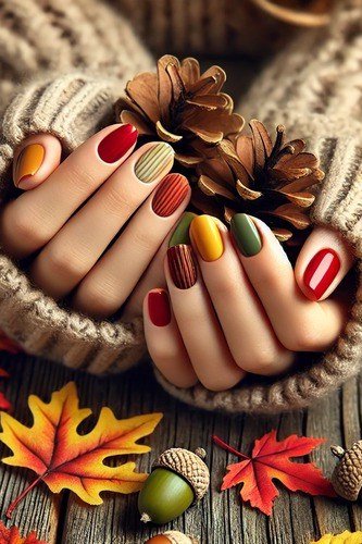 Rainbow fall-colored almond nails in red, orange, yellow and green holding pinecones among autumn leaves.