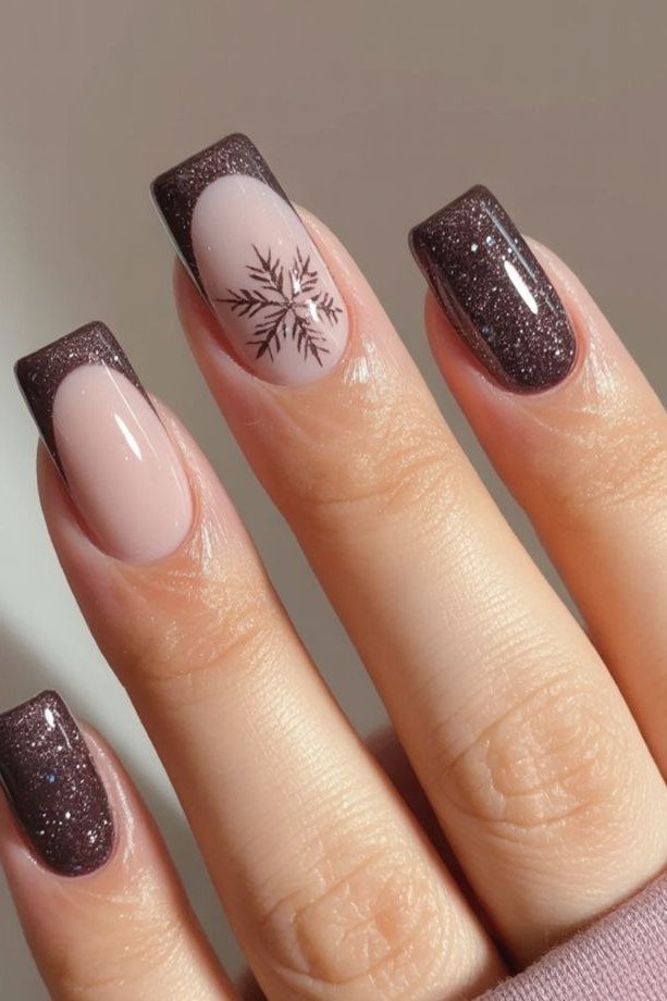 dark brown french with snowflake, square