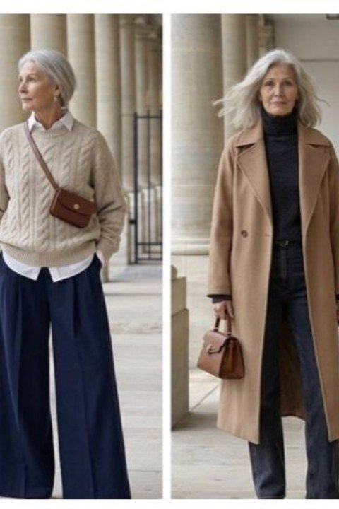 Elegant fall outfits for women over 70: two friends in camel coats