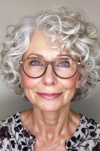 Gray curly bob haircut styled with glasses for older women