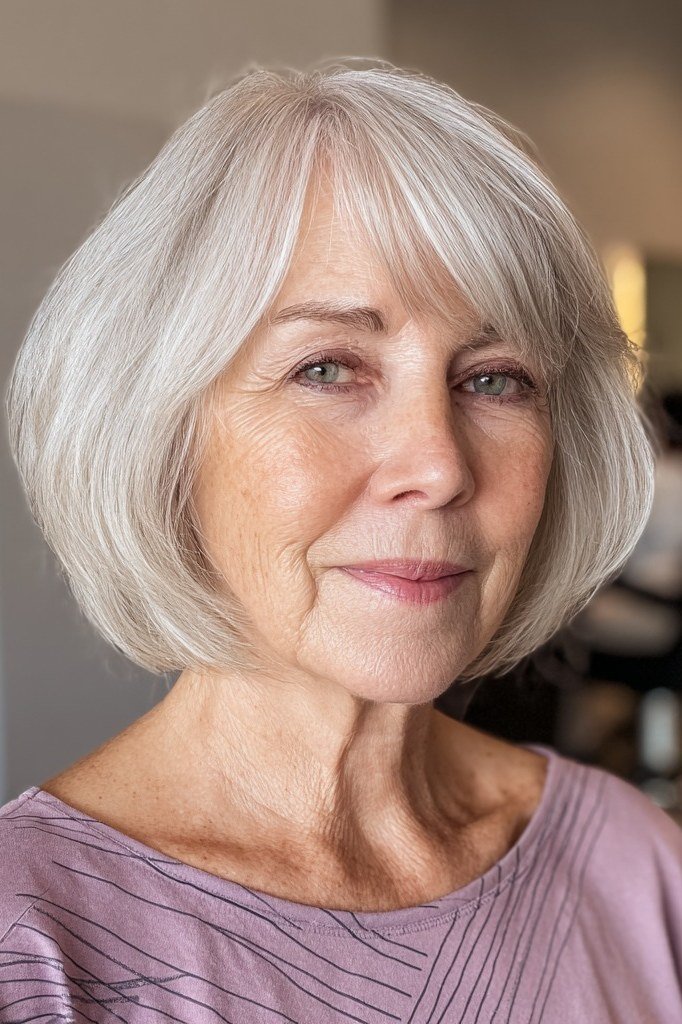 29. White Bob with Full Bangs - wash and wear hairstyle for older women