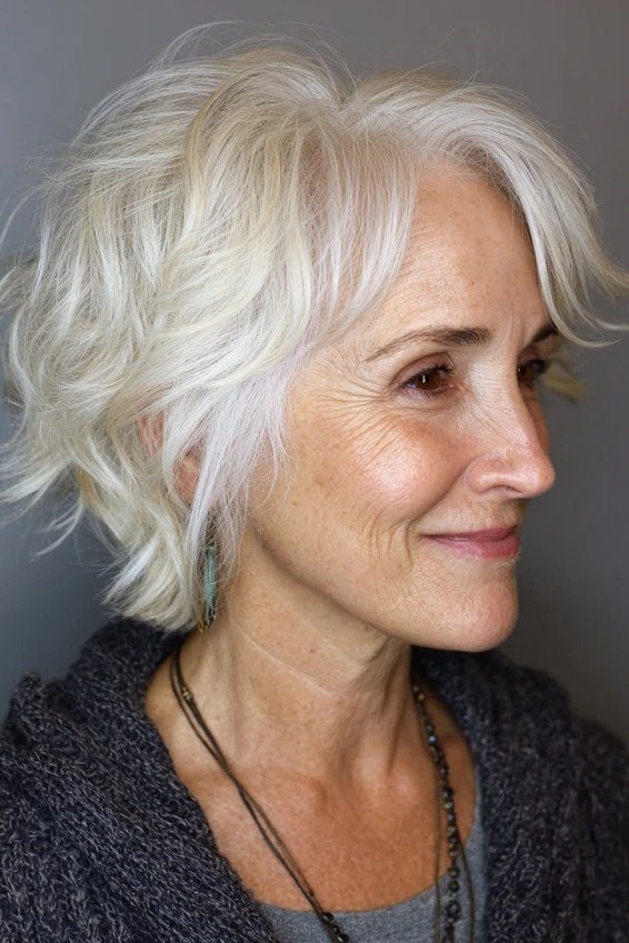 Natural silver wavy layered medium-length hairstyle, front side view, for women over 50