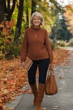 Rust Turtleneck with Tall Brown Boots - fall outfit idea for women over 50