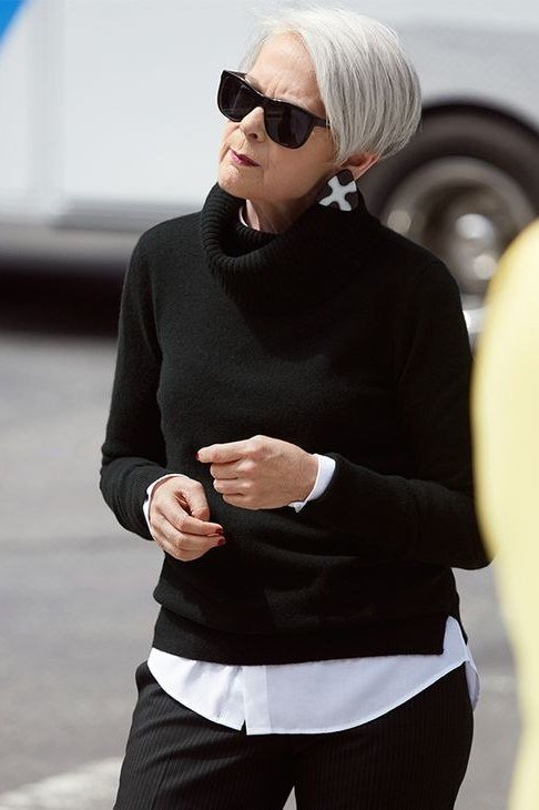 Black turtleneck over white shirt with sunglasses outdoors, cozy sweater outfit idea for women over 70