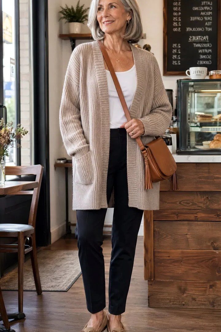 Woman over 50 wearing Beige cardigan with black pants and crossbody bag at a cafe.