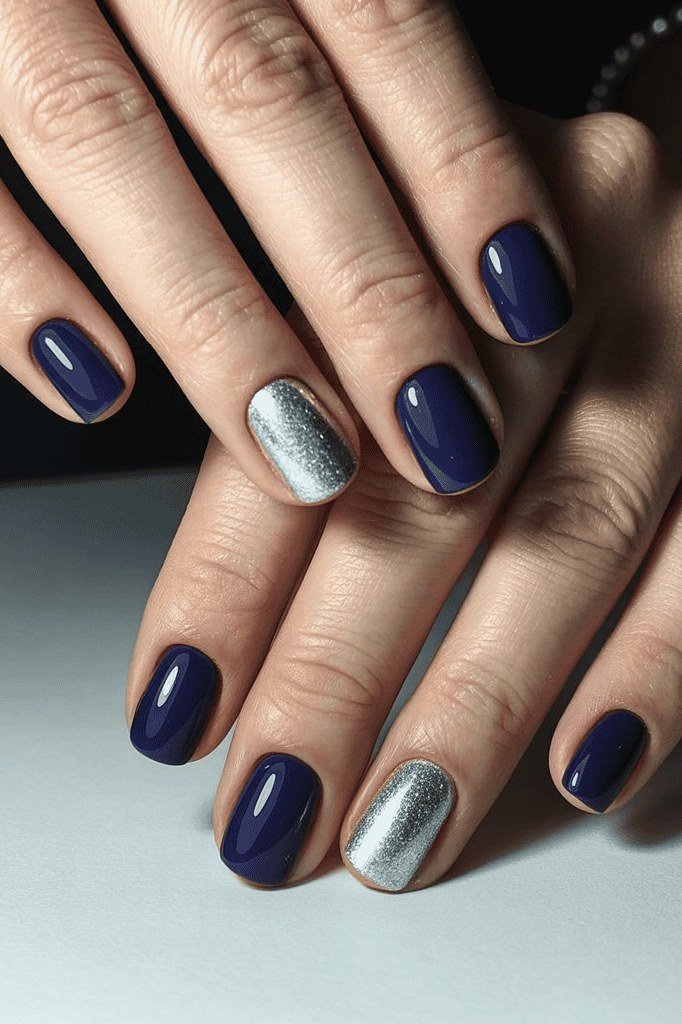 Navy Nails with Silver Accent nail design for women over 40