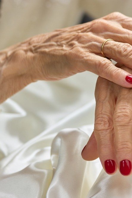 red short square, diamond ring - winter nail trend for older women
