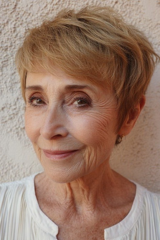 strawberry blonde textured pixie for women over 50 front view