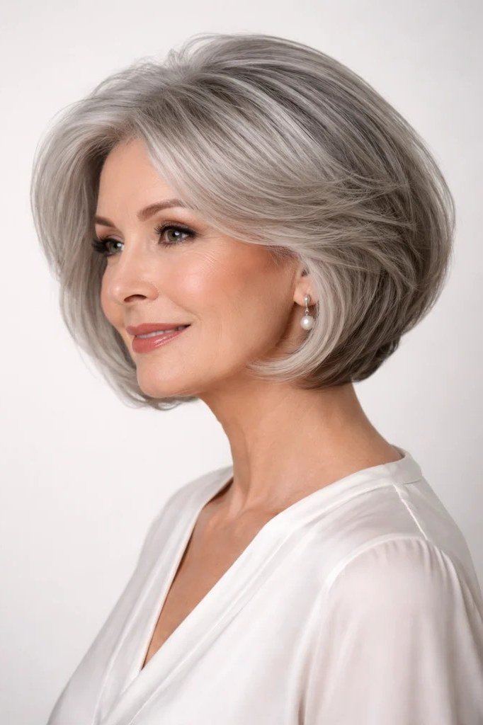 Silver stacked bob 3/4 view, white top, short layered bob hairstyle for women over 60