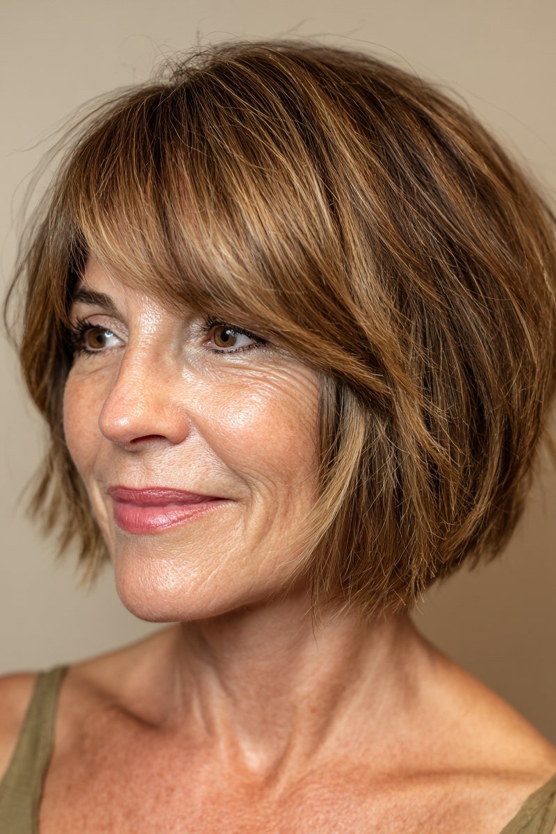 Auburn french bob with bangs and green tank top