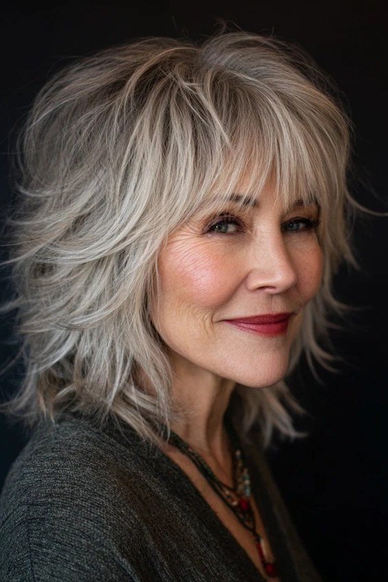 Silver shaggy lob with long layers, three-quarter view, silver lob haircut for women over 50