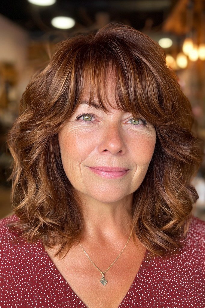 Auburn curly lob with bangs for women over 60