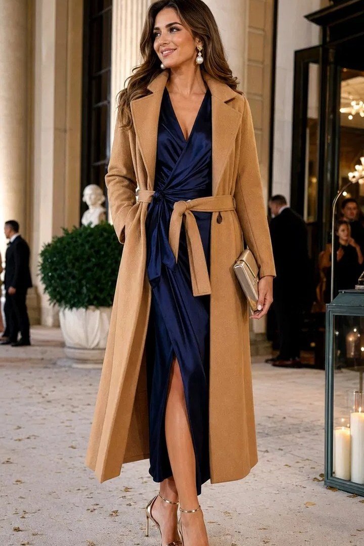 camel wrap coat with navy dress for women over 50