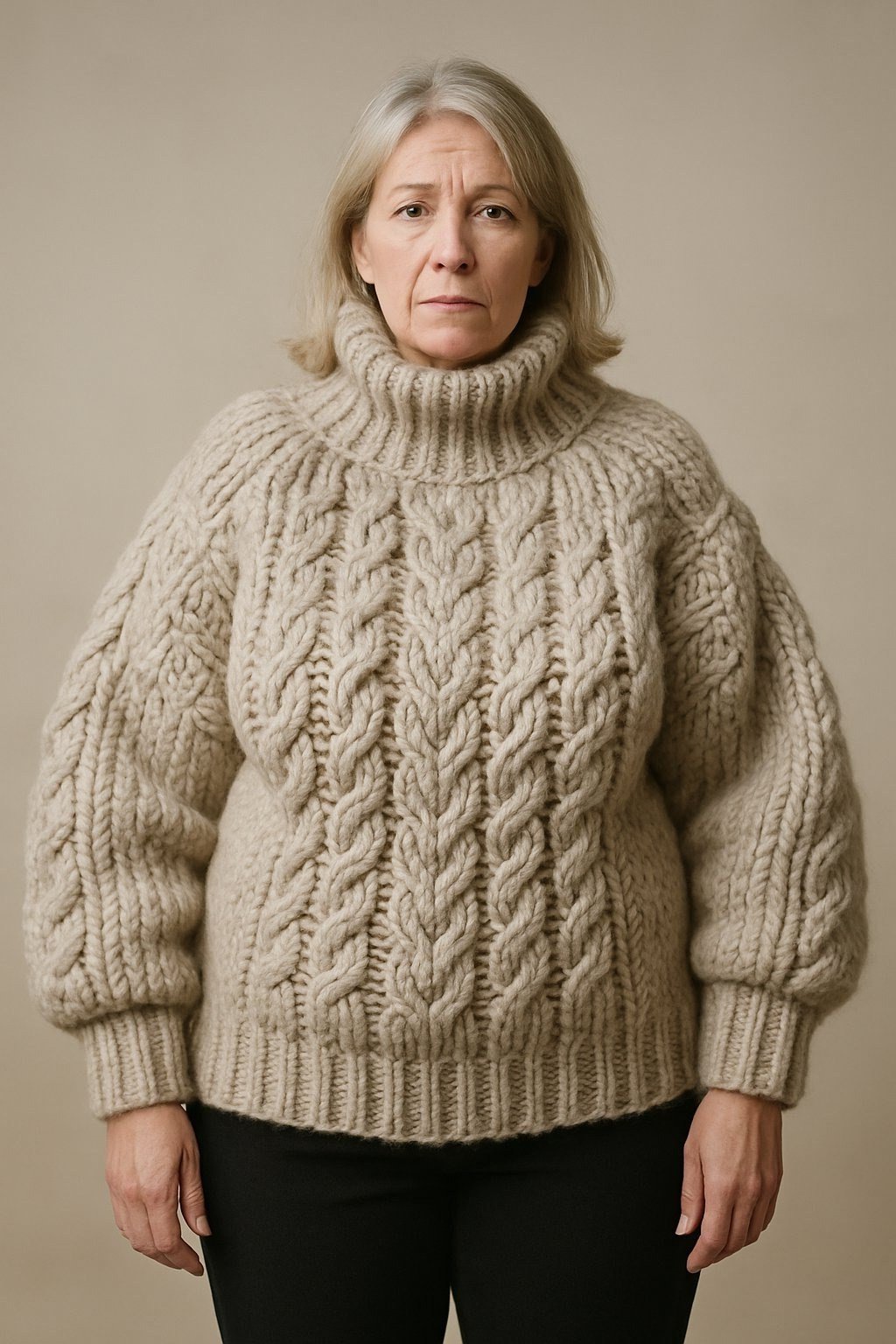 Oversized oatmeal cable knit turtleneck with dark trousers, woman over 50