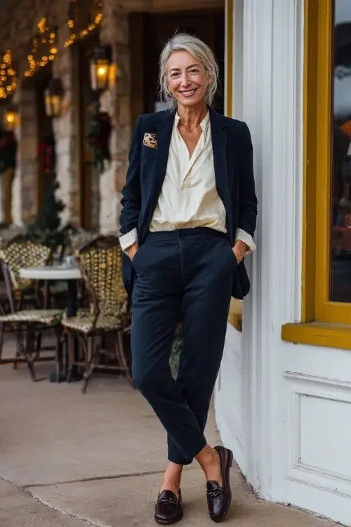 Navy suit with cream blouse at cafe for women over 50, fall date night outfit