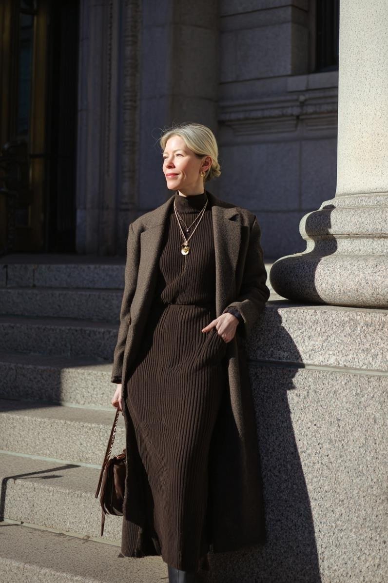brown knit midi with long coat for women over 60