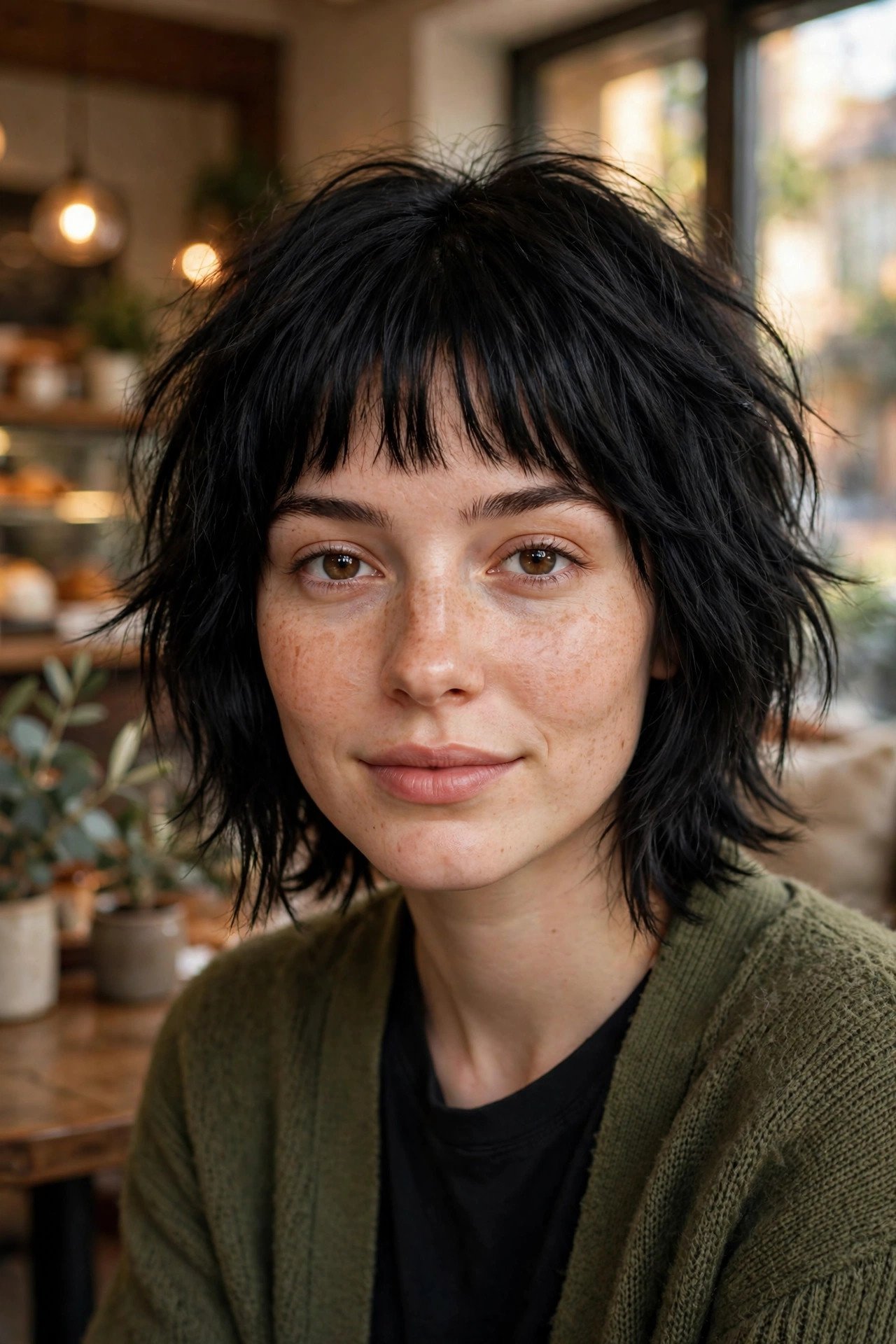 Shaggy bob with straight-across bangs