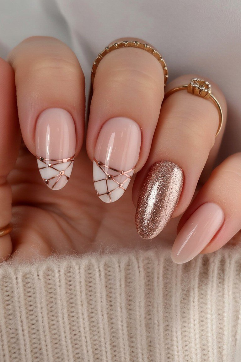 Nude nails with geometric and glitter accents, fall nail design for older women