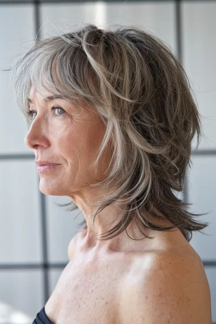 gray shag, side profile, medium length hairstyle for women over 60