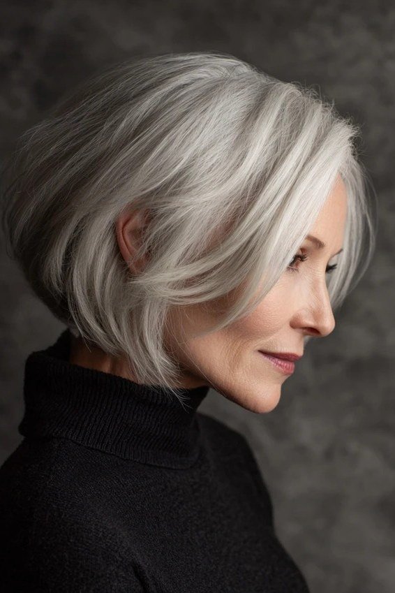 Choppy bob hairstyle for women over 60: silver bob side black turtleneck