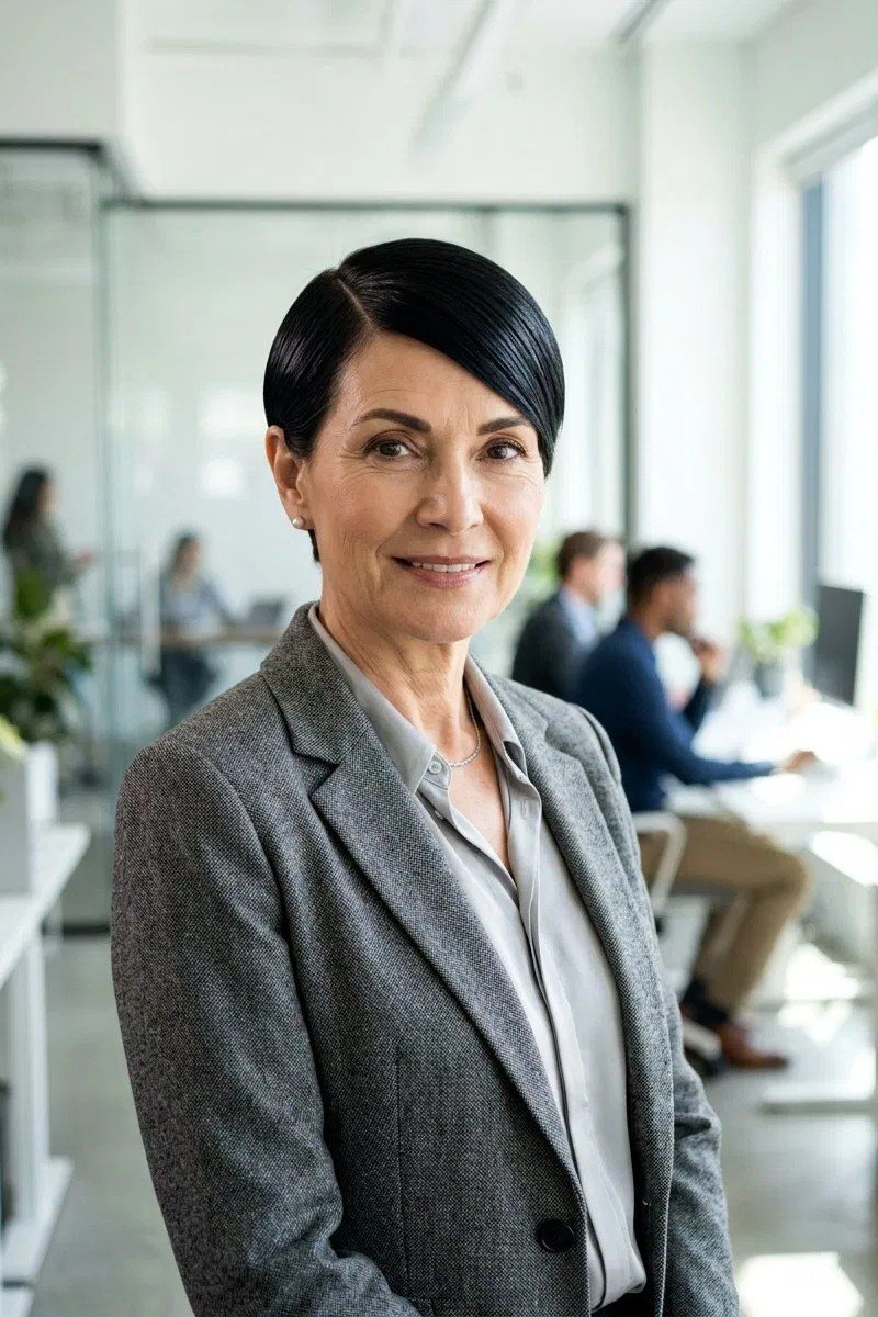 Sleek side-parted short crop with side-swept bangs for women over 40