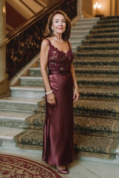 Burgundy Lace Bodice Gown with Satin Skirt - evening outfit for women over 60