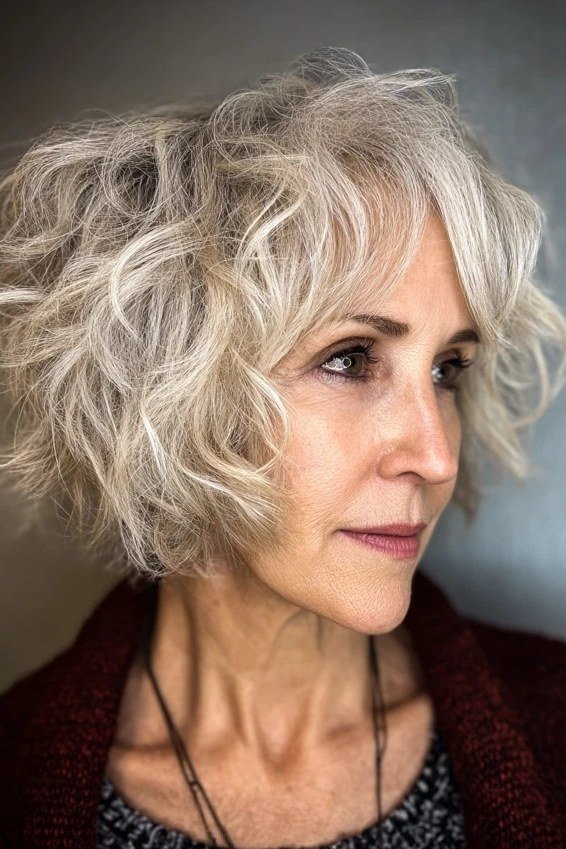 Tousled silver curly bob for women over 50