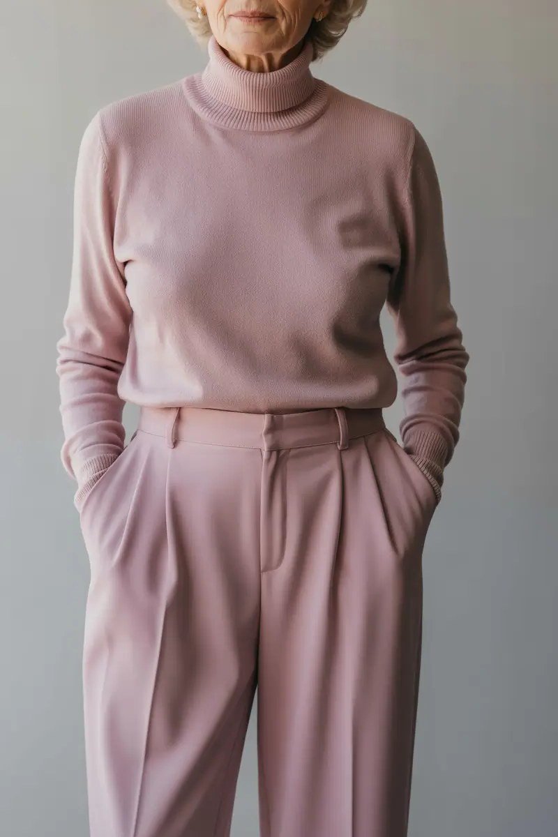 Stylish winter outfit for women over 60: mauve turtleneck with matching mauve wide trousers in a studio