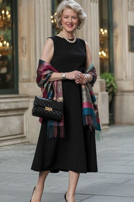 Black Dress and Plaid Shawl outfit for women over 70, chic style idea 33