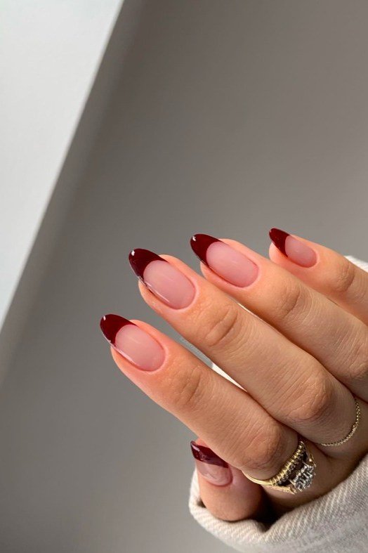 Burgundy french tips almond, elegant fall nail design for women over 40