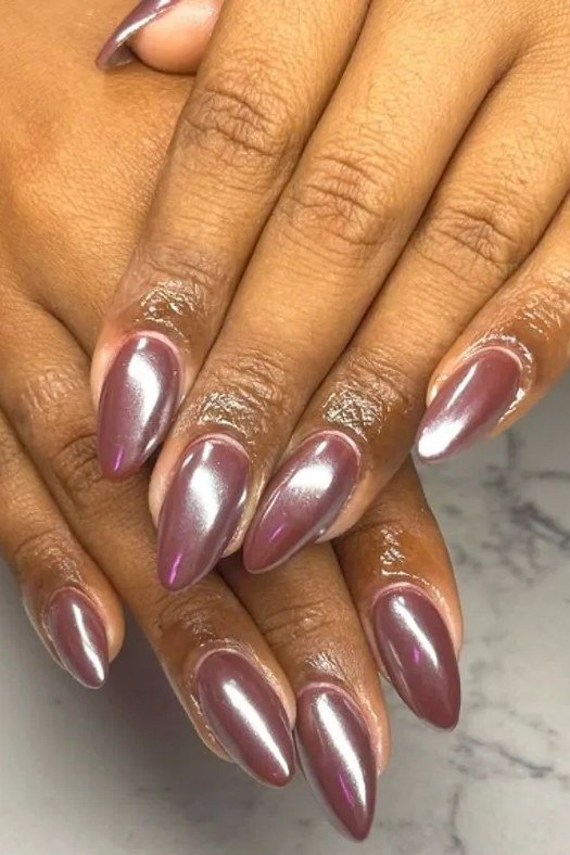 Mauve Chrome Almond Nails on Deeper Skin, elegant mauve nail idea for women over 60
