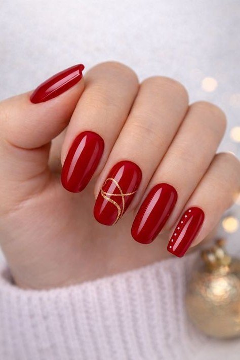 red christmas nails with gold accent line