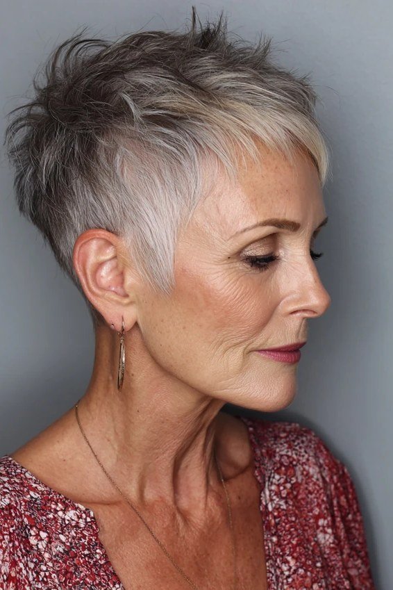 Smooth silver pixie haircut for women over 70, side view