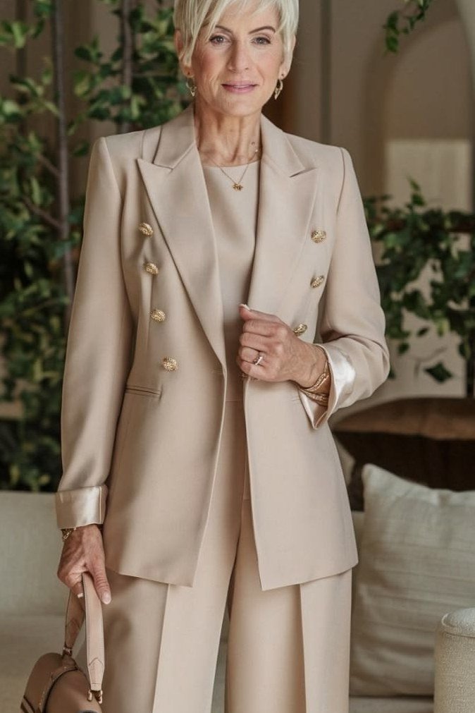 Cream double breasted blazer with matching trousers for women over 60