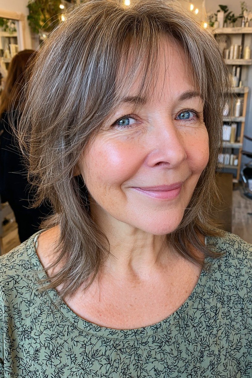 Grey-brown shaggy lob, front view, woman in her 60s