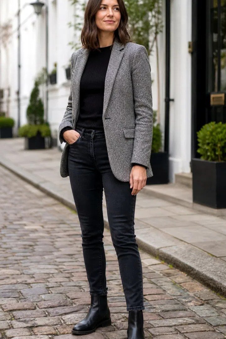 Gray blazer with black top dark jeans and boots, city outfit for women over 40