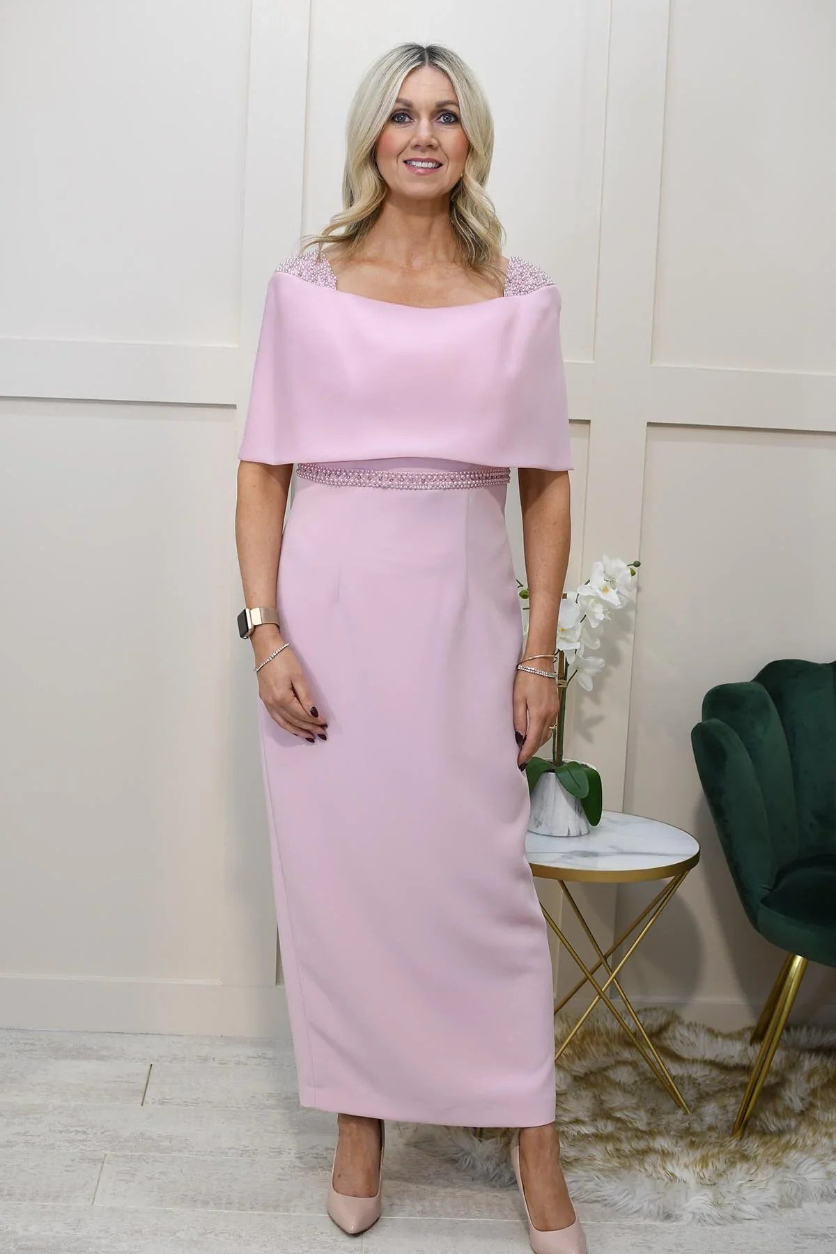 blush pink cape-style midi dress, interior,, elegant wedding guest dress for women over 60