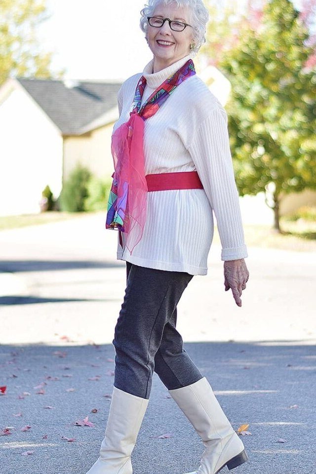 white tunic, pink scarf and white boots fall outfit for women over 60