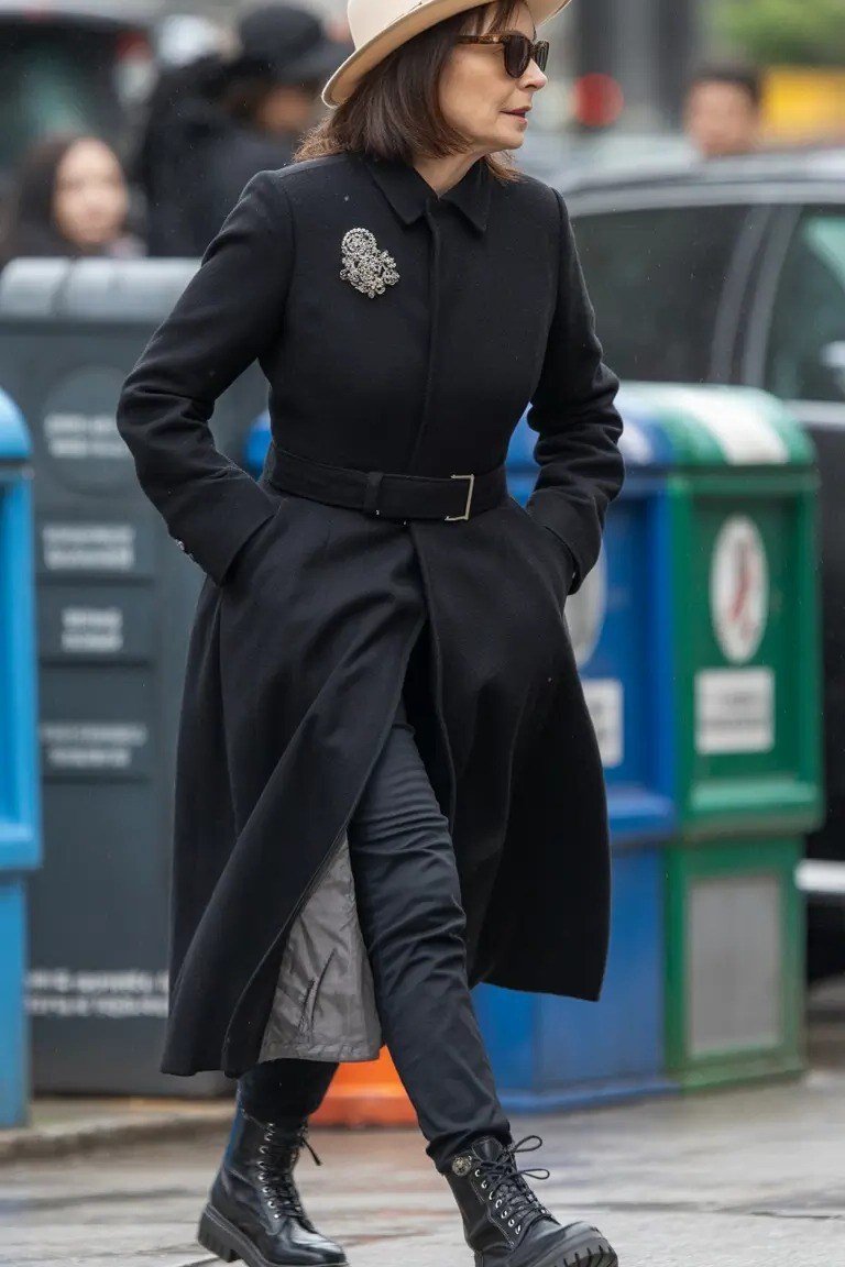 Older woman in long black belted coat and hat