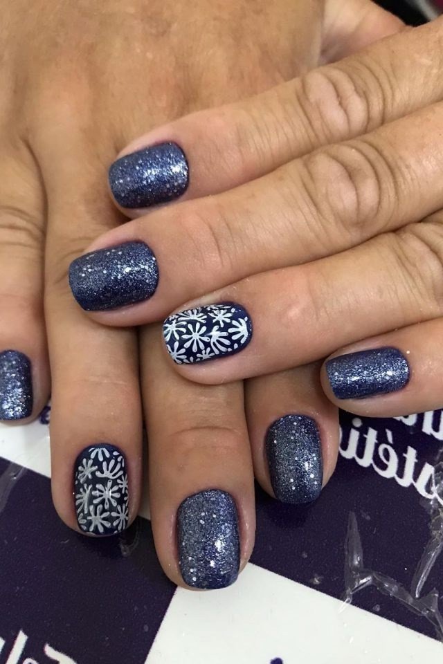 Periwinkle Glitter Snowflake Nails - periwinkle glitter snowflake nails, glitter winter nail design for women over 60