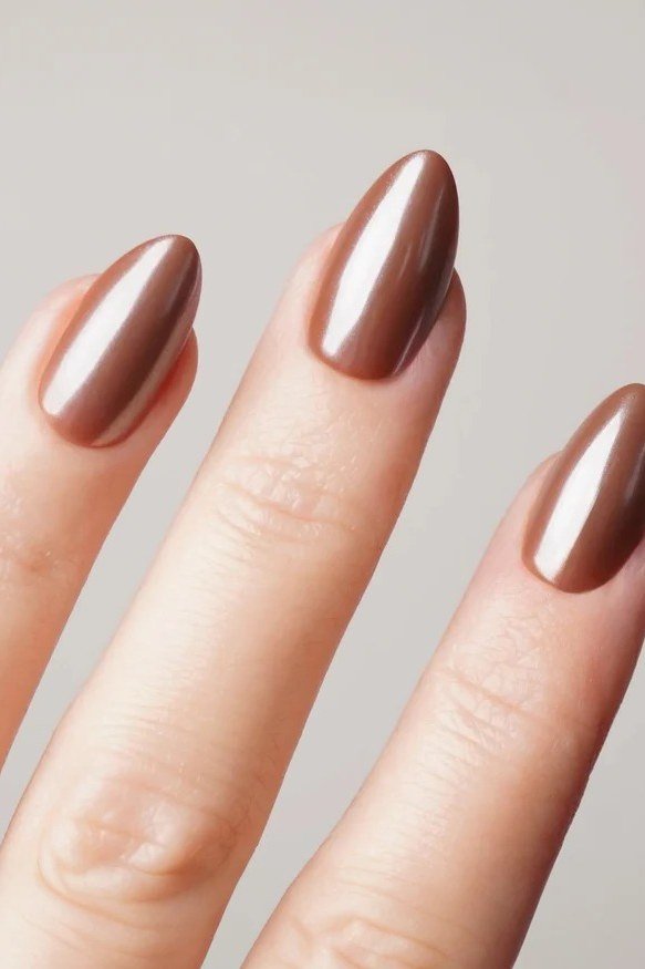Mocha Chrome Almond Nails, chocolate brown fall nail design for women over 60