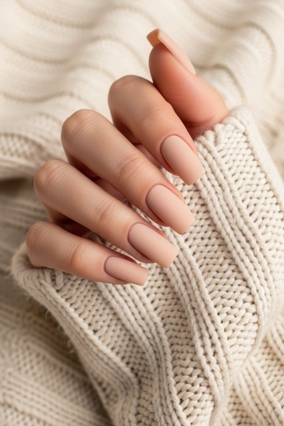 Pale Nude Short Almond Cream Sweater - elegant nude nail design for women over 60
