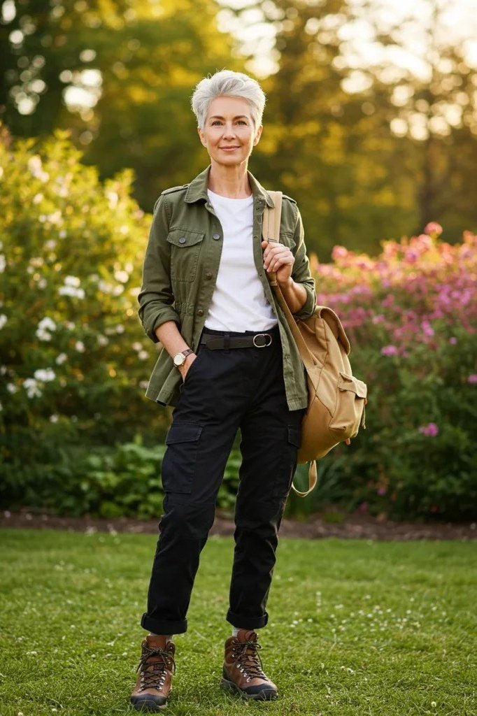 Fall city outfit for women over 50: olive field jacket white tee black pants brown boots