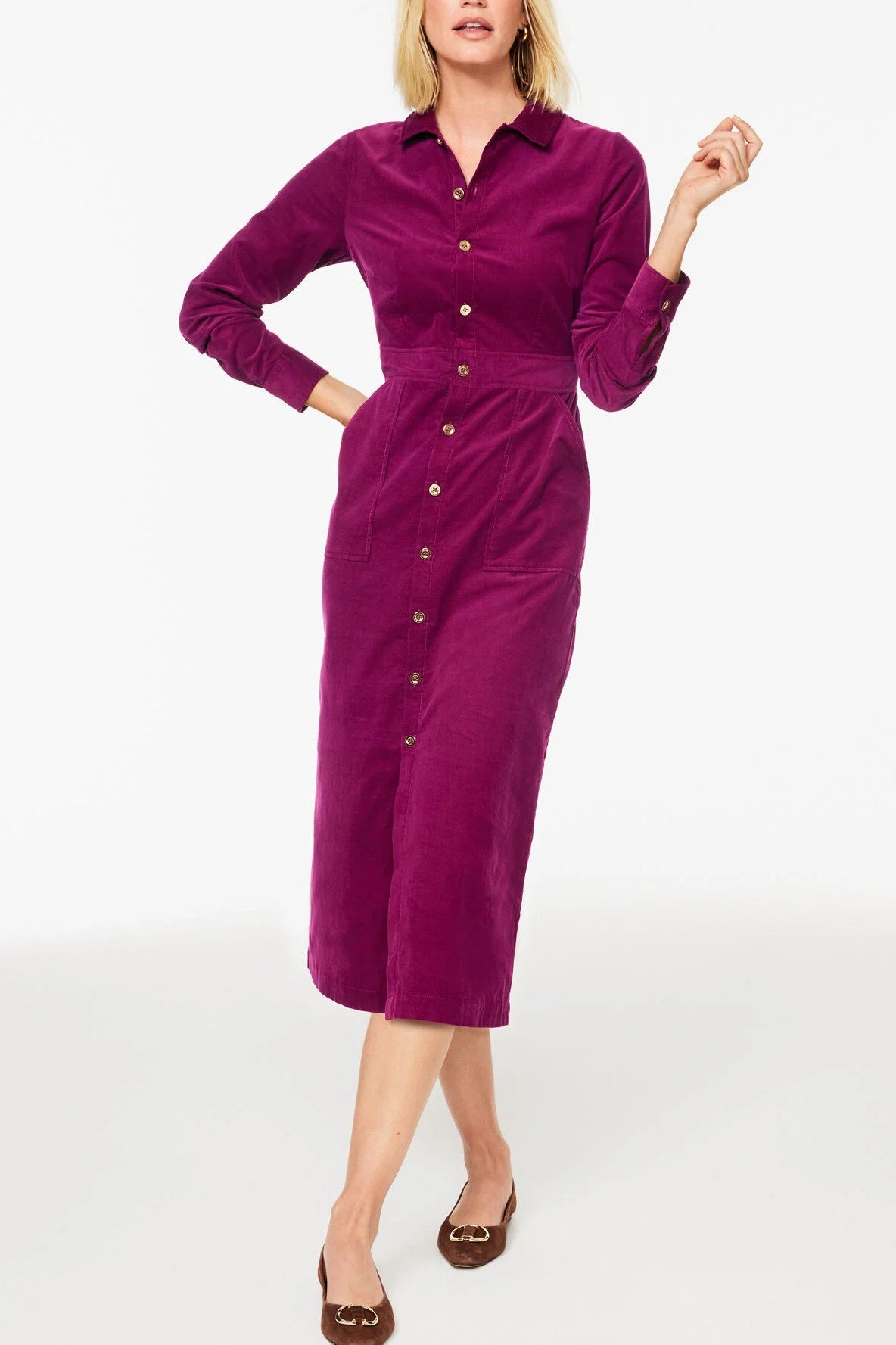 Magenta shirt dress magenta shirt dress brown heels studio - fall outfit idea for women over 40