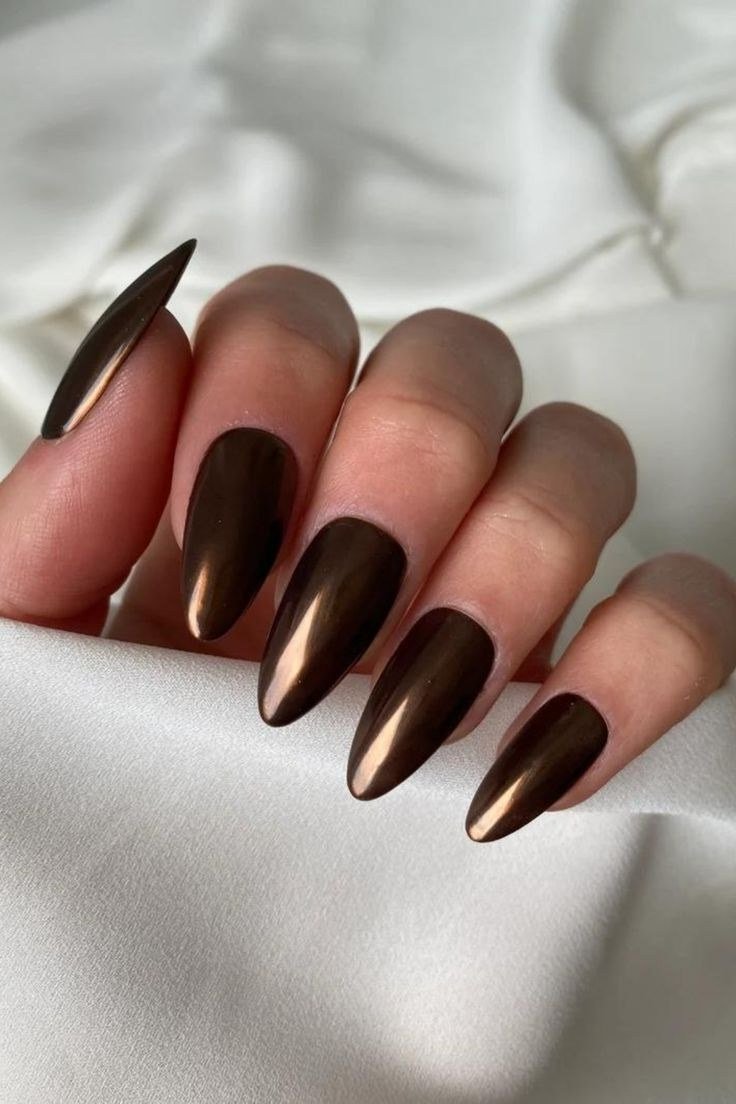 Dark Chocolate Chrome Almond Nails - brown nail idea for women over 50