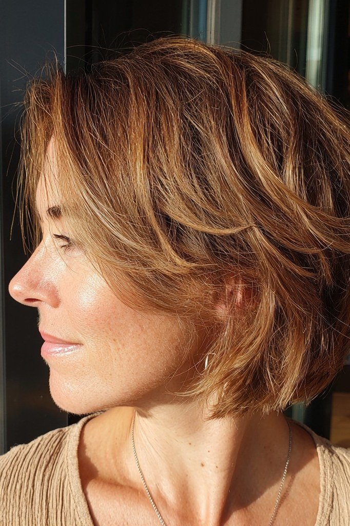 Voluminous Copper Shaggy Bob - medium shag haircut for women over 40
