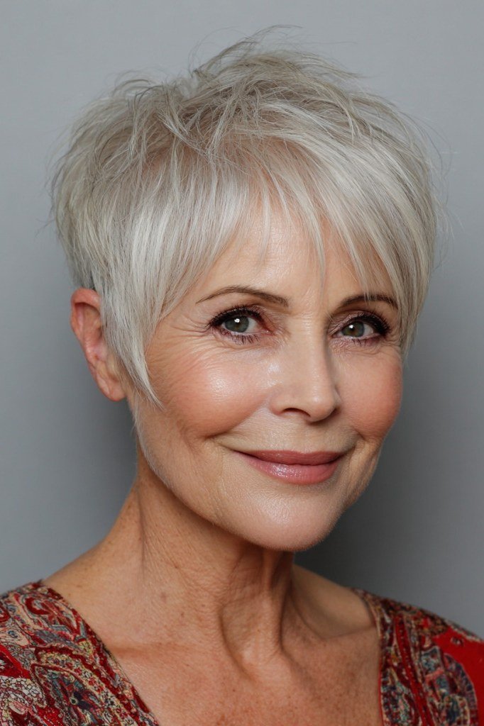 White Pixie with Full Fringe - sassy hairstyle for older women