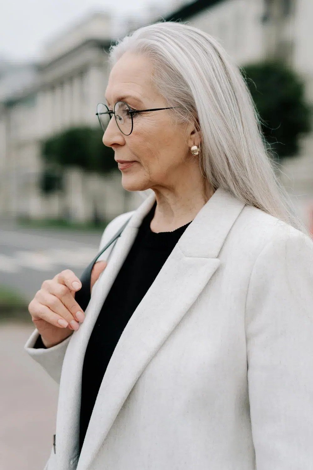 Long silver-white straight hair for women over 50