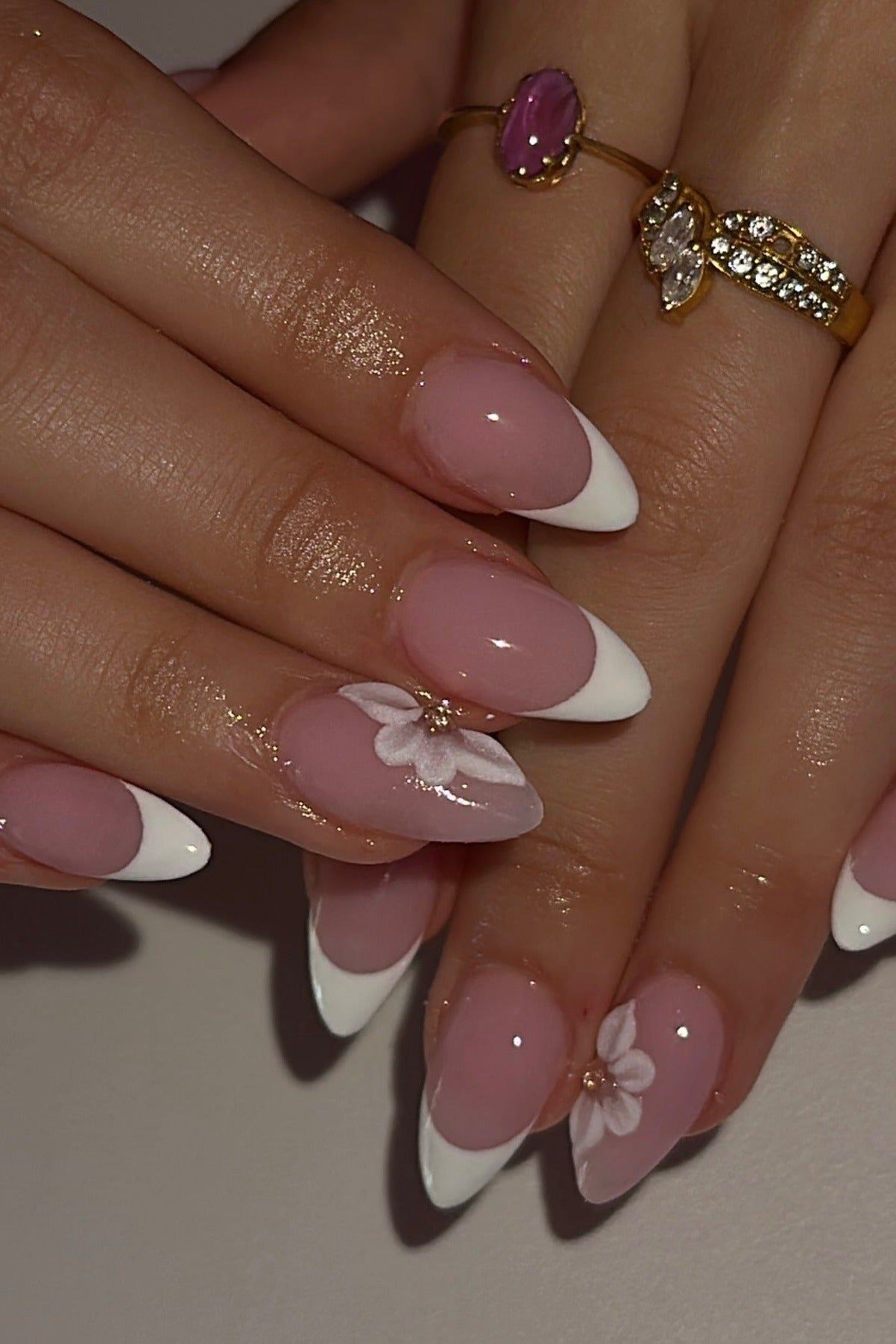 Romantic White Florals - micro french manicure with ultra-thin tip line, elegant nail design for women over 50